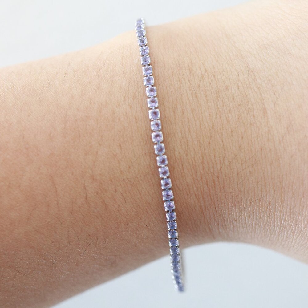 Purple CZ Diamond Tennis Style Bracelet Silver Stainless Steel